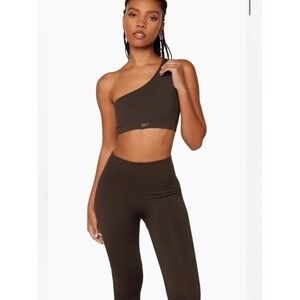 SET Active Sculpt Flex Ribbed One Shoulder Bra Legging Set Espresso Chocolate S